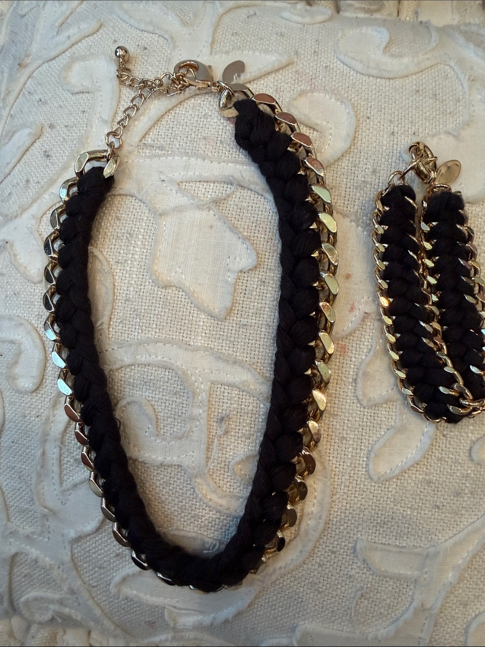 Chico's Black Braided Necklace with Gold Chain Trim w matching bracelet